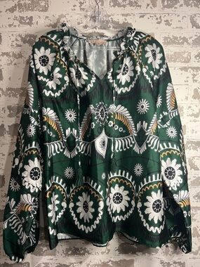 Philosophy Green Printed Peasant Blouse with Tassel Tie
